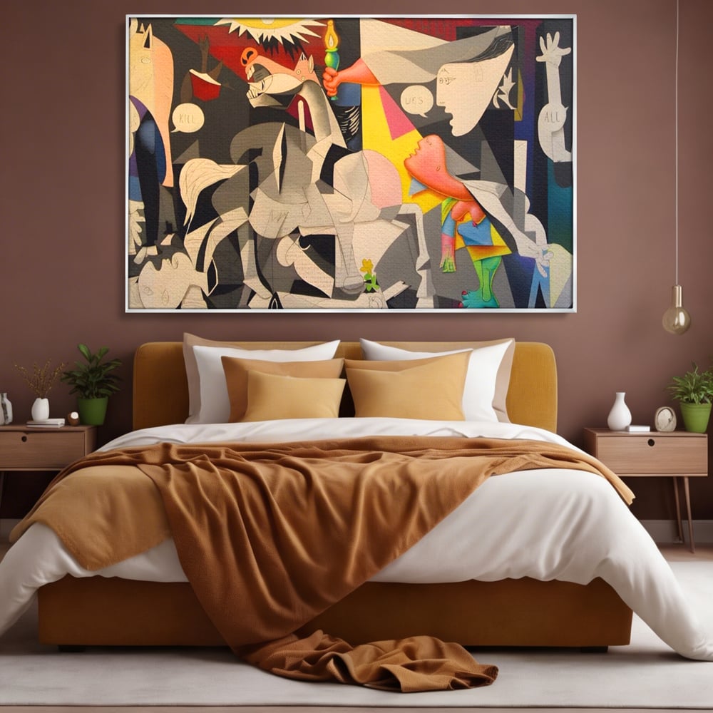 Tablou canvas cu tablou canvas cu reinterpretare dupa guernica, in rama de aluminiu argintiu, pe perete intr-un dormitor